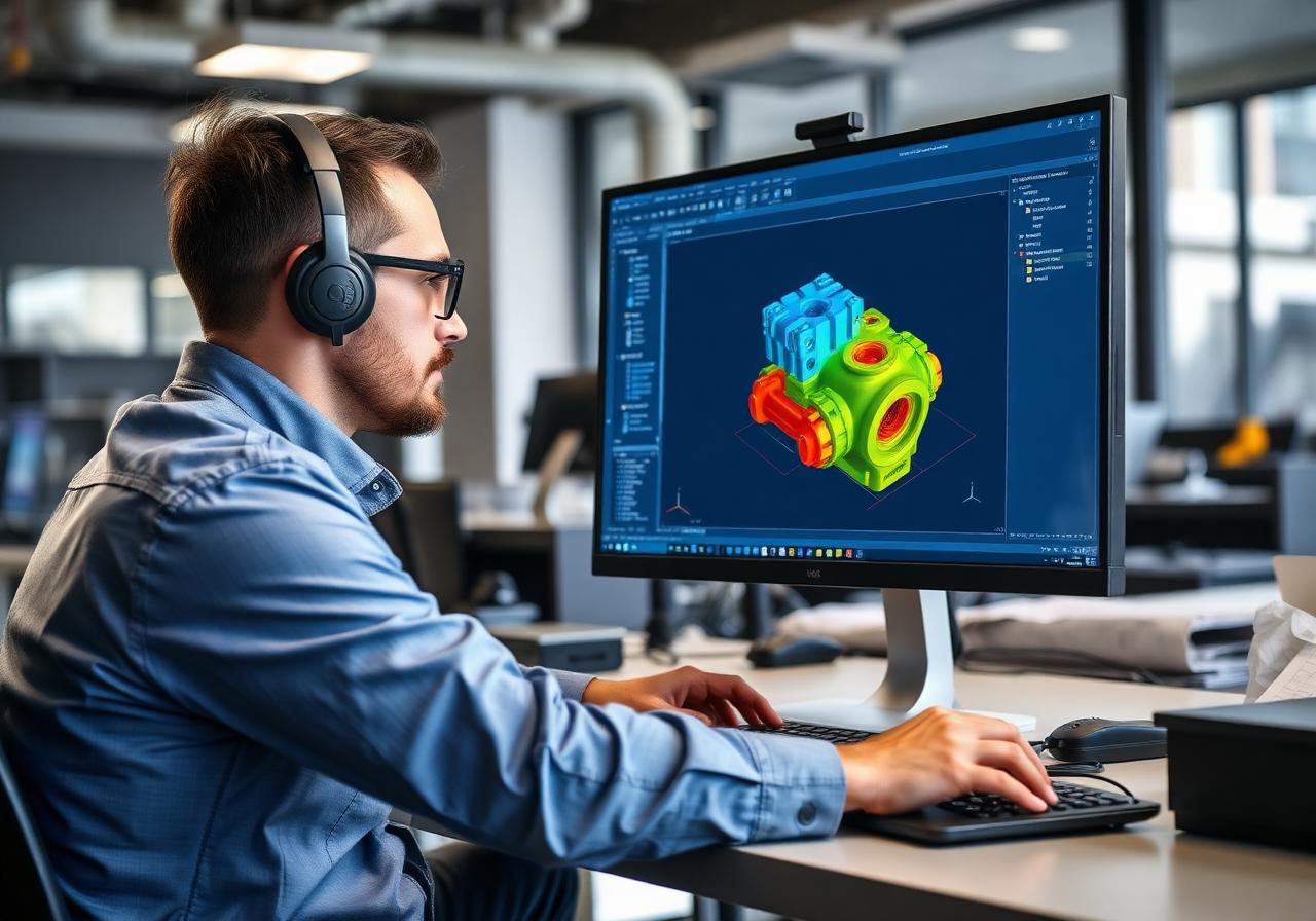Ingenieur am Monitor mit FEM-Simulation eines Bauteils
