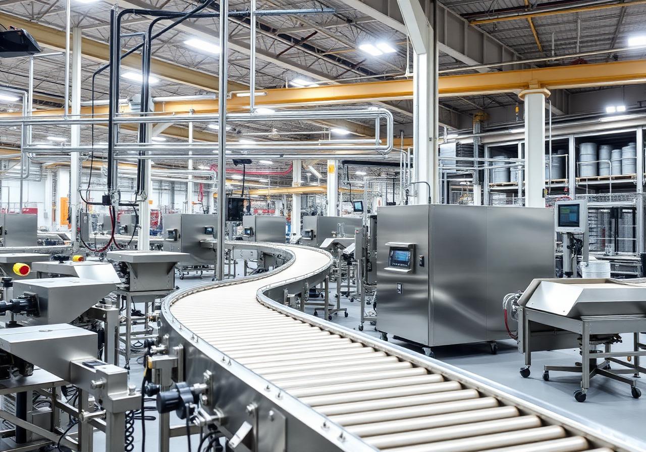 Förderband und Edelstahl-Module in moderner Fabrik