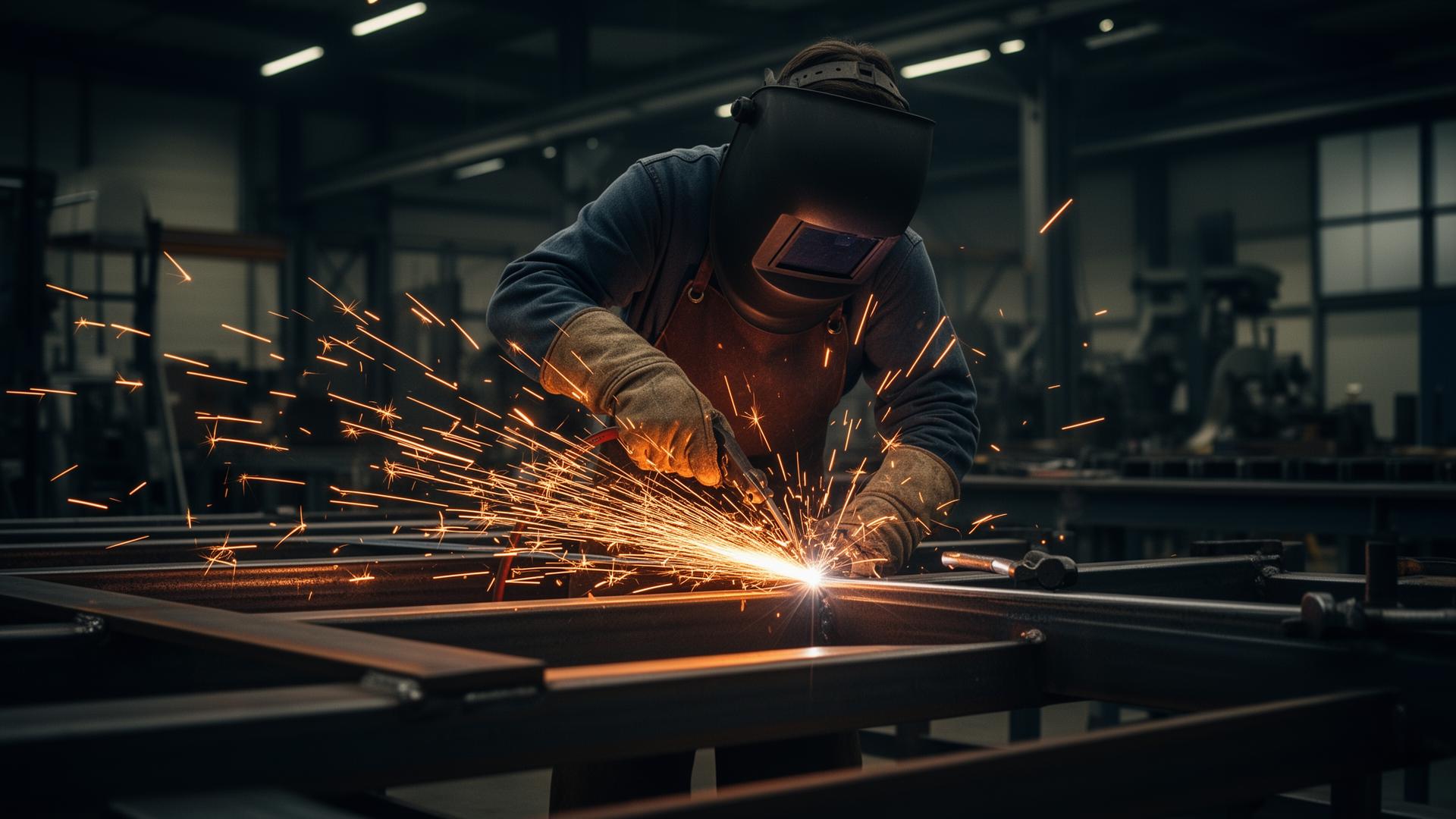 Metallbauer beim Schweißen mit Funkenflug in der Werkstatt