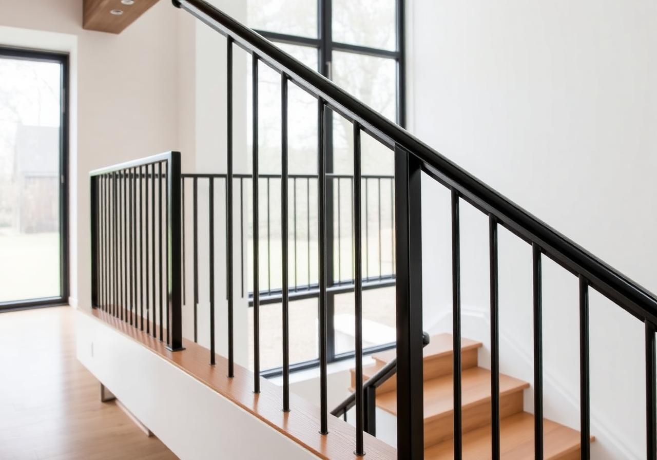 Schwarzes Treppengeländer mit dünnen Vertikalstäben in modernem Wohnhaus