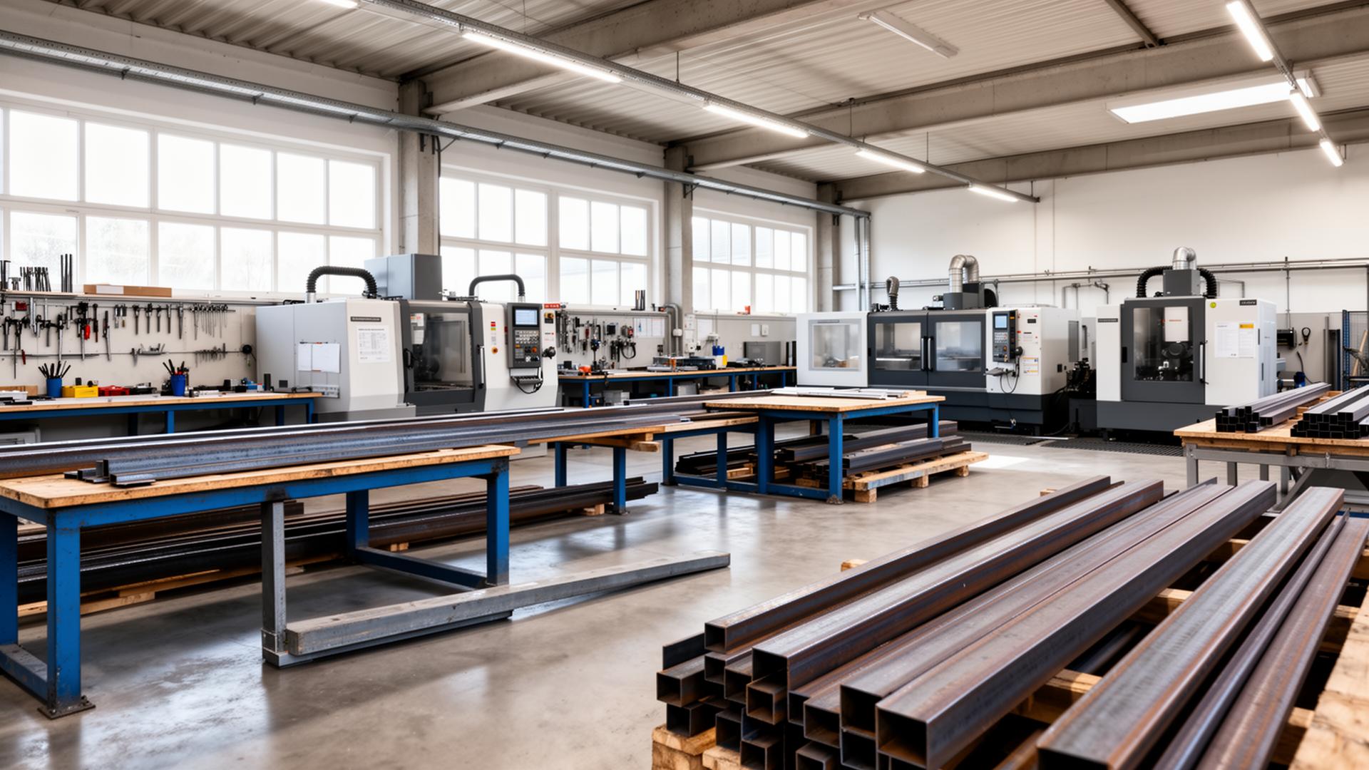 Werkstatt von GS-Metallbau in Bruchsal mit CNC-Maschinen und Stahlprofilen
